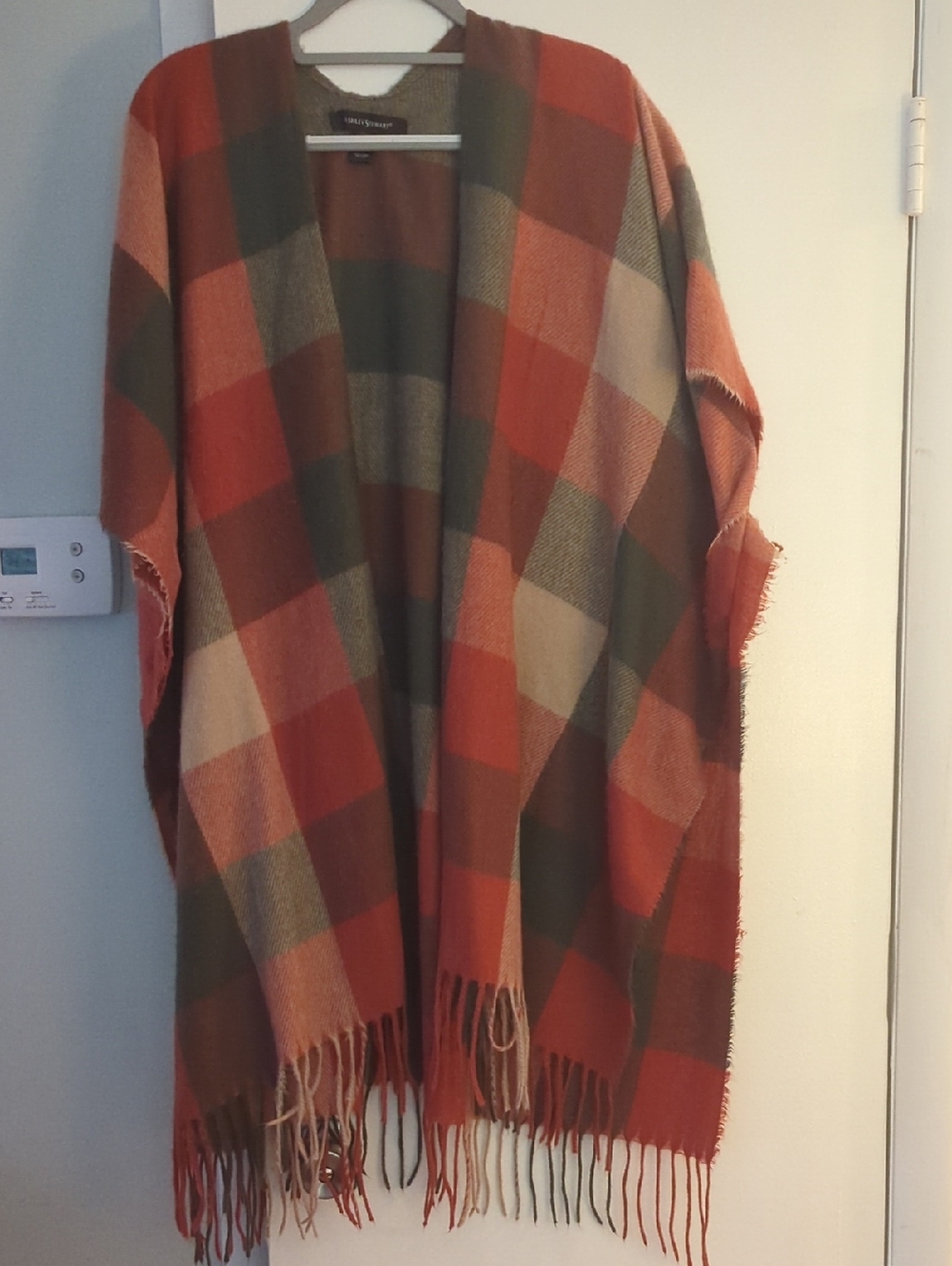 Ashley Stewart Orange Green Plaid Fringe Poncho